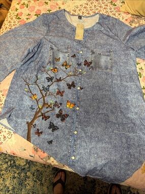 Butterfly Embroidered Blue Denim-Style Button Front Blouse